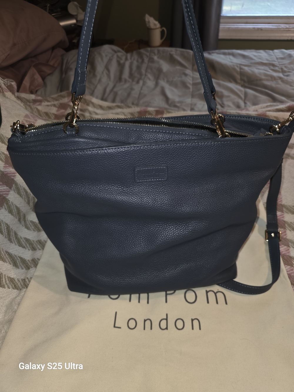 Pom Pom London Pebbled Leather Shoulder Bag in Slate Blue